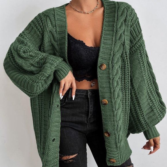 Olive Green Casual Womens Solid Button Front Cable Knit Cardigan - Picture 1 of 5